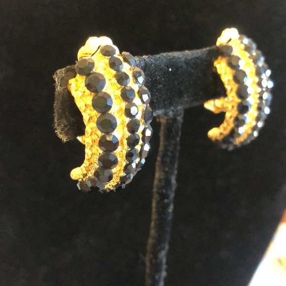 Jet Black Austrian Crystal 1/2 Hoop Earrings, Boutique - Picture 5 of 6